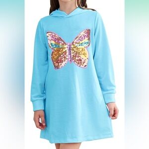 Girls Long Sleeve Hoodie Dress in Blue Sequin Butterfly 🦋